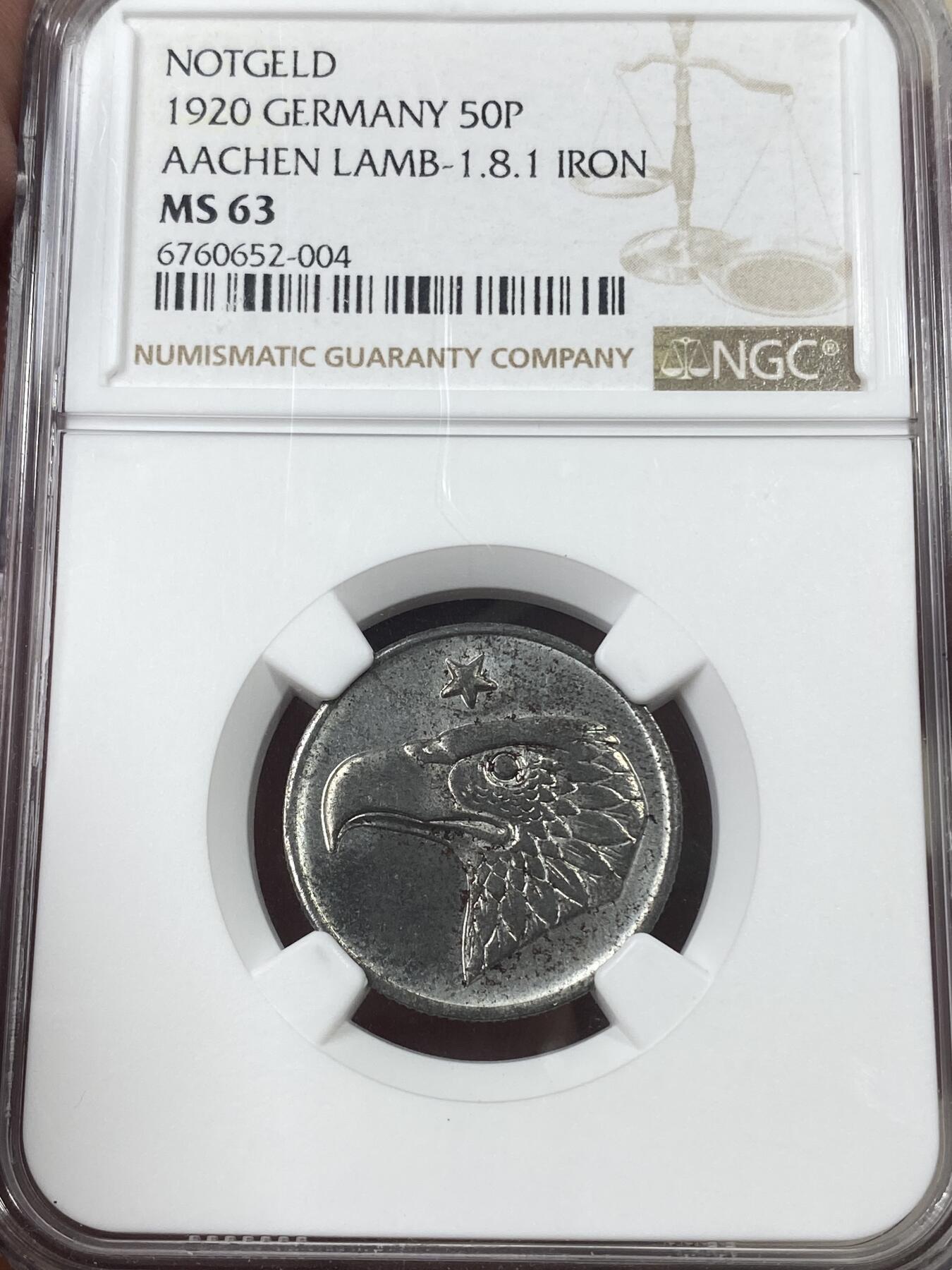 万国钱币拍卖第051期 NGC MS63 1920德国亚琛老鹰50芬尼铁币 霸气的设计令人过目难忘 铁币保存不易 原味好品难得