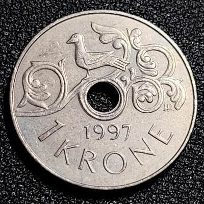 泉币菌-第87场-散币乐园场 - 挪威1997年 1克朗硬币 哈拉尔五世皇冠 中孔铜镍币 21mm