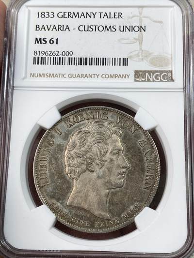 万国钱币拍卖第051期 - NGC MS61 1833年德国路德维希一世巴伐利亚关税同盟历史大泰勒 火烧云酱彩包浆 历史泰勒罕见品种之一