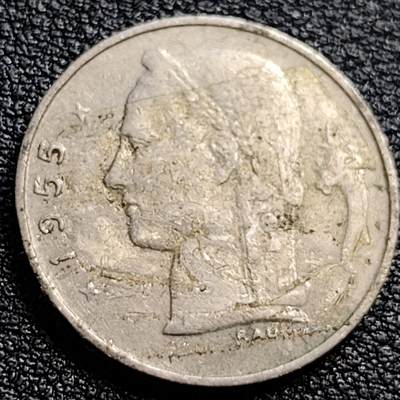 泉币菌-第90场-散币乐园场 比利时1955年1法郎铜镍币（佛兰芒文版BELGIË），谷物女神
