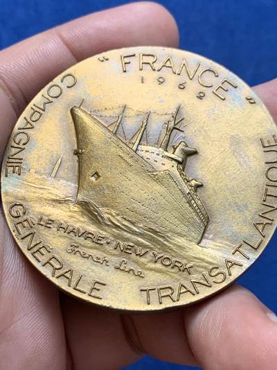 《竞宝斋》第409场 周日，周一，2场连拍 （全场包邮） 1962年法国跨大西洋航运公司铜章 79.1克 53mm 丰饶角铜标