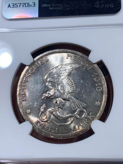 《竞宝斋》第409场 周日，周一，2场连拍 （全场包邮） NGC MS63 德国普鲁士1913A战胜拿破仑3马克银币 美丽炫彩包浆