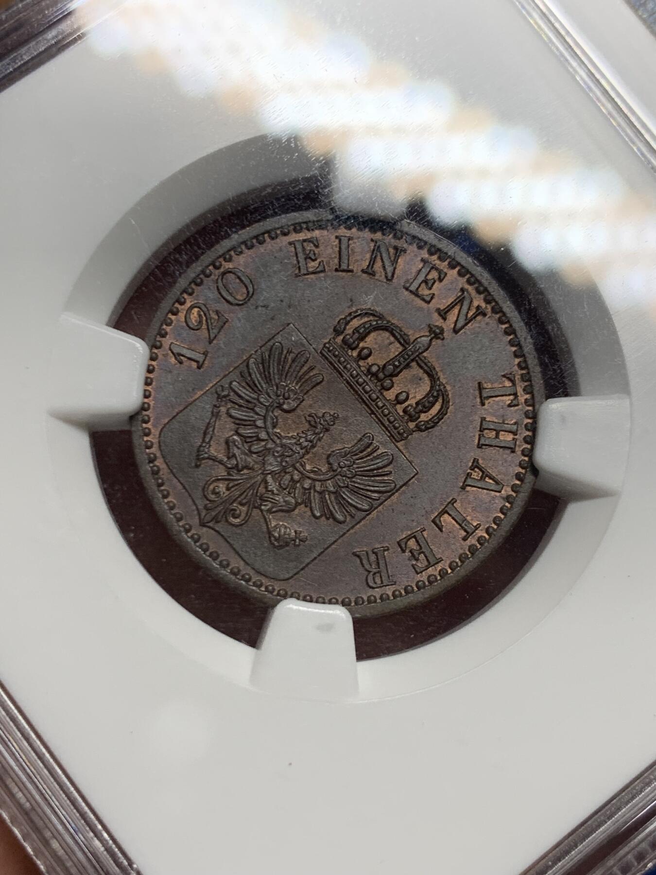 《竞宝斋》第409场 周日，周一，2场连拍 （全场包邮） NGC MS65BN 亚军分！德国普鲁士 1866A 3芬尼铜币，少见辅币，巧克力包浆，老盒严评GEM级分数，仅一枚更高分。