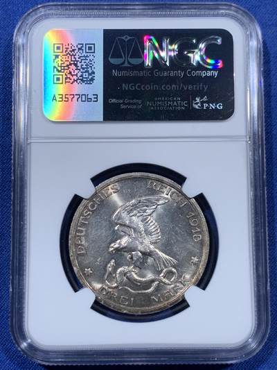 《竞宝斋》第409场 周日，周一，2场连拍 （全场包邮） NGC MS63 德国普鲁士1913A战胜拿破仑3马克银币 美丽炫彩包浆