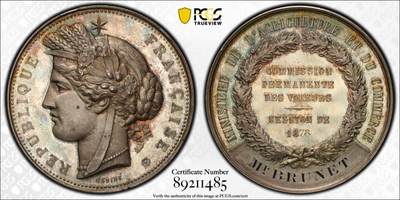 万国钱币拍卖第051期 - PCGS SP63 1878年法国谷物女神巴黎博览会纪念大银章 普法战争后玛丽安娜卸下了战争头盔 带上了象征农业与和平的谷物桂冠 获奖者Mr. BRUNET，边铭ARGENT，直径50毫米，法国雕刻大师奥丁Oudine制作。