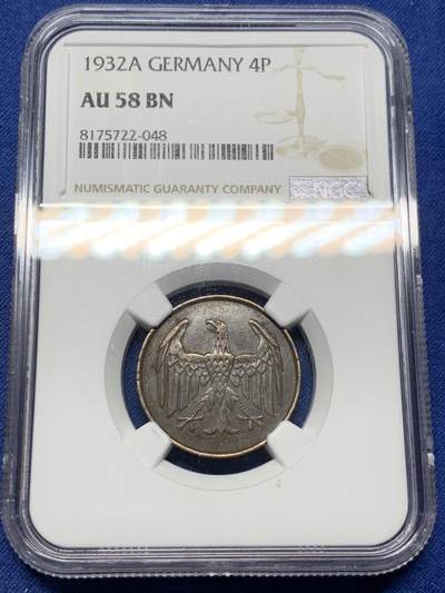 《竞宝斋》第409场 周日，周一，2场连拍 （全场包邮） - NGC AU58BN 德国魏玛共和国 1932A 4芬尼 铜币
