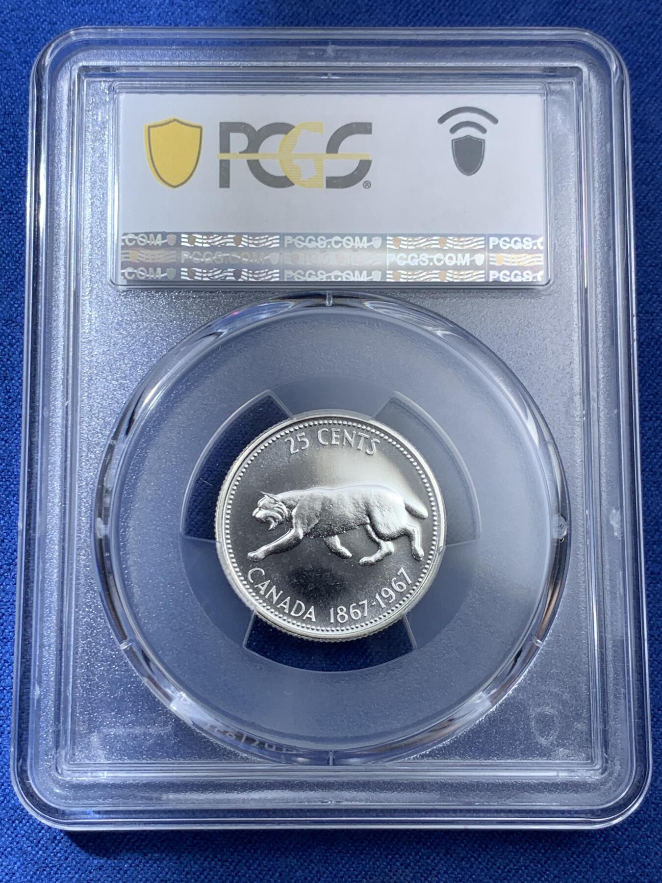 《竞宝斋》第409场 周日，周一，2场连拍 （全场包邮） PCGS PL66 高分 1967年加拿大建国百年纪念25分 非常漂亮的白币 币面光洁 浮雕感很强 豹子图案