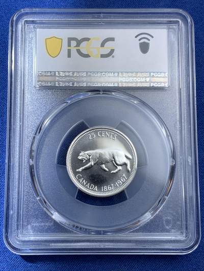 《竞宝斋》第409场 周日，周一，2场连拍 （全场包邮） PCGS PL66 高分 1967年加拿大建国百年纪念25分 非常漂亮的白币 币面光洁 浮雕感很强 豹子图案