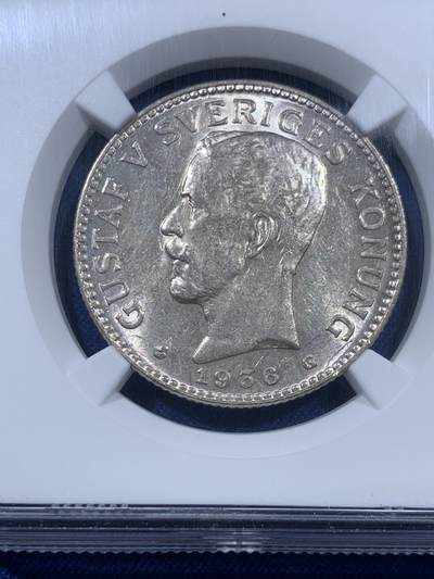 《竞宝斋》第409场 周日，周一，2场连拍 （全场包邮） NGC MS62 瑞典 1936年 古斯塔夫五世 流通版 2克朗 银币 ms的非常少见 淡黄彩
