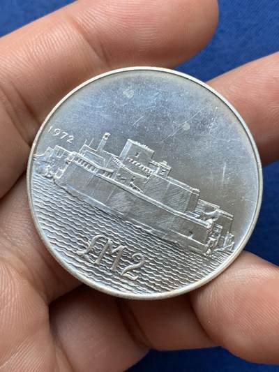 《竞宝斋》第409场 周日，周一，2场连拍 （全场包邮） 马耳他1972年2里拉大银币 PL工艺 20克987银 圣安杰洛堡垒 漂亮的国徽