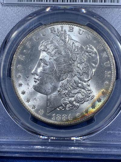 《竞宝斋》第409场 周日，周一，2场连拍 （全场包邮） PCGS MS63 美国1884-O 摩根银币 小月牙形彩虹包浆