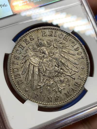 《竞宝斋》第409场 周日，周一，2场连拍 （全场包邮） NGC AU50 德国1907年普鲁士威廉二世5马克银币