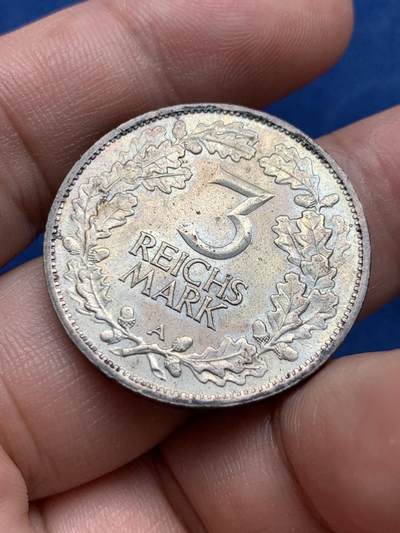 《竞宝斋》第409场 周日，周一，2场连拍 （全场包邮） 德国魏玛共和国1925年A版魏玛莱茵千年3马克银币 细节见图