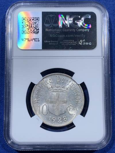 《竞宝斋》第409场 周日，周一，2场连拍 （全场包邮） NGC MS62 葡萄牙 1928 欧里基战役纪念 10埃斯库多 银币