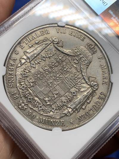 《竞宝斋》第409场 周日，周一，2场连拍 （全场包邮） NGC AU55 德国 1850 普鲁士 2泰勒银币 普鲁士洋葱头大窗帘2泰勒银币37克大银币