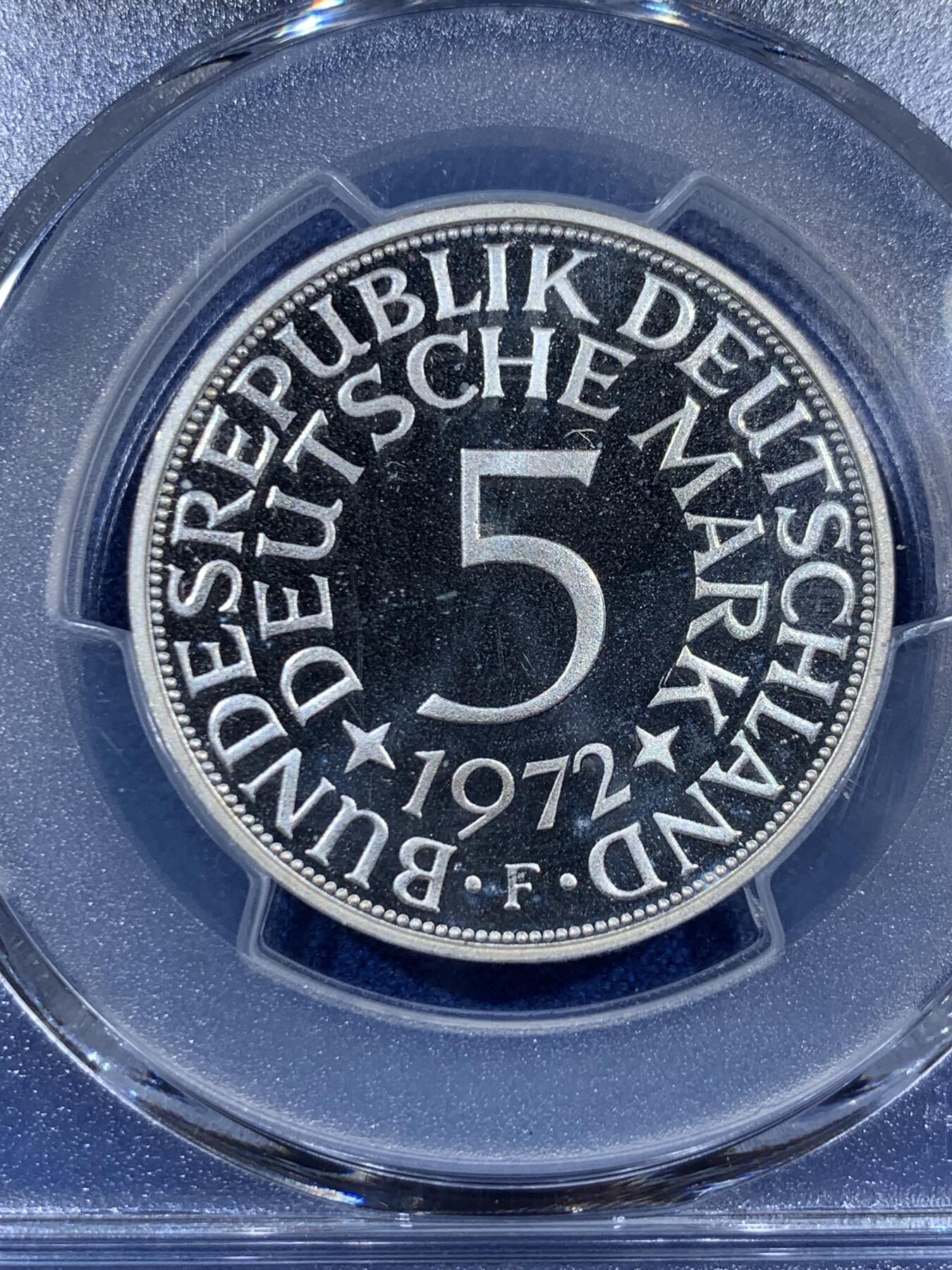 《竞宝斋》第409场 周日，周一，2场连拍 （全场包邮） 亚军分 PCGS RP68DCAM 德国 1972年F无毛鹰 流通5马克 精制银币 少见品种