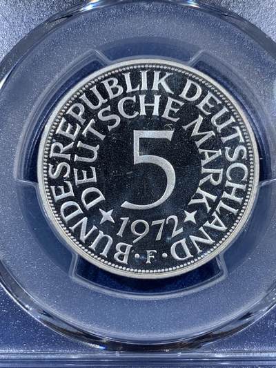 《竞宝斋》第409场 周日，周一，2场连拍 （全场包邮） 亚军分 PCGS RP68DCAM 德国 1972年F无毛鹰 流通5马克 精制银币 少见品种