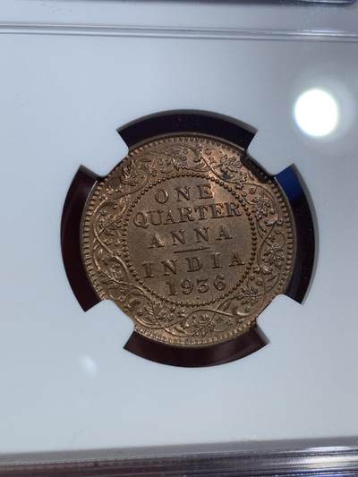 《竞宝斋》第409场 周日，周一，2场连拍 （全场包邮） NGC MS64BN 1936印度1/4安娜铜币 卷拆送评的 绝对低评 性价比很高 底板很好 划痕极少 真正的未使用