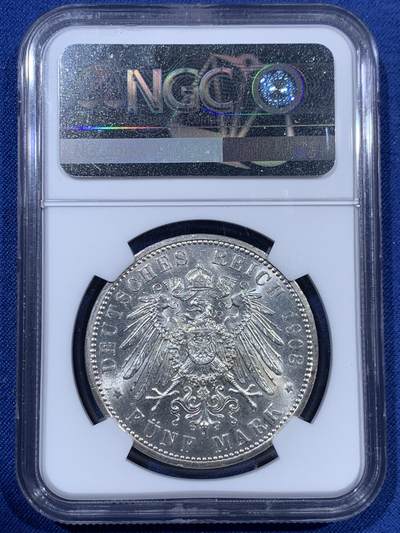 《竞宝斋》第409场 周日，周一，2场连拍 （全场包邮） NGC MS63 德国1908年耶拿大学5马克银币，发行量仅40000枚