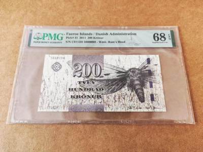 【礼羽收藏】🌏世界钱币拍卖第101期 - 全新PMG评分68E 法罗群岛 2011年 200克朗 粗3D防伪线 无347 高分难得