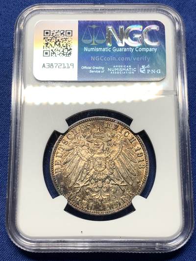 《竞宝斋》第409场 周日，周一，2场连拍 （全场包邮） NGC UNC 1913 德国汉堡3马克银币