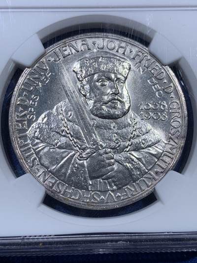 《竞宝斋》第409场 周日，周一，2场连拍 （全场包邮） NGC MS63 德国1908年耶拿大学5马克银币，发行量仅40000枚