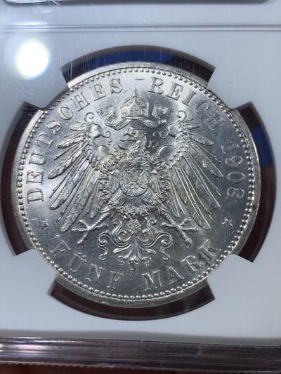 《竞宝斋》第409场 周日，周一，2场连拍 （全场包邮） NGC MS63 德国1908年耶拿大学5马克银币，发行量仅40000枚