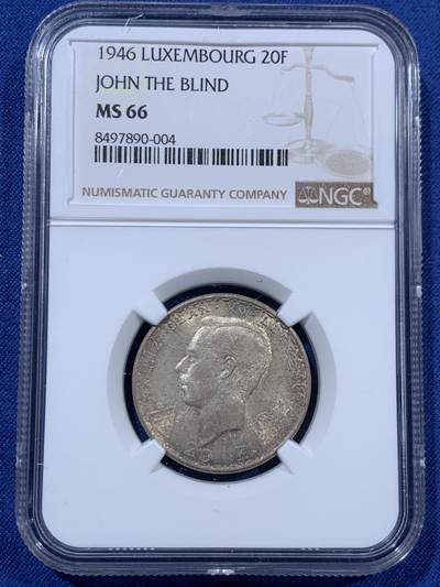 《竞宝斋》第409场 周日，周一，2场连拍 （全场包邮） NGC MS66/66/65 卢森堡1946年20法郎、50法郎、100法郎骑士马剑银币三枚一套 包浆统一，编号连续 一套一步到位直接入藏