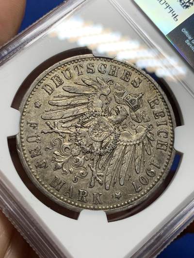《竞宝斋》第409场 周日，周一，2场连拍 （全场包邮） NGC AU50 德国1907年普鲁士威廉二世5马克银币