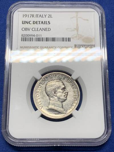 《竞宝斋》第409场 周日，周一，2场连拍 （全场包邮） NGC UNC 1917 意大利 马车 2里拉 银币 埃马努埃莱三世 五彩老包浆 稀少年份 发行量仅为其他年份1/4