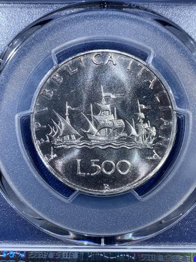 《竞宝斋》第409场 周日，周一，2场连拍 （全场包邮） PCGS MS67 意大利500里拉银币 1968文艺复兴风格少女 卷拆车轮光高分！带淡彩，PL状态！