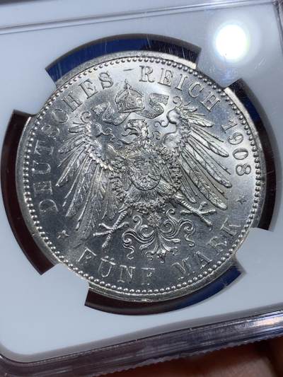 《竞宝斋》第409场 周日，周一，2场连拍 （全场包邮） NGC MS63 德国1908年耶拿大学5马克银币，发行量仅40000枚