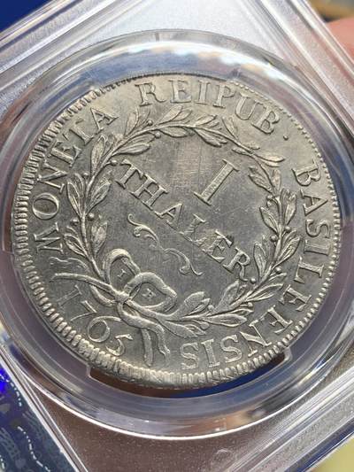 《竞宝斋》第409场 周日，周一，2场连拍 （全场包邮） PCGS AU 瑞士1765年巴塞尔IH版 1泰勒大银币 原味老包浆 细节丰富