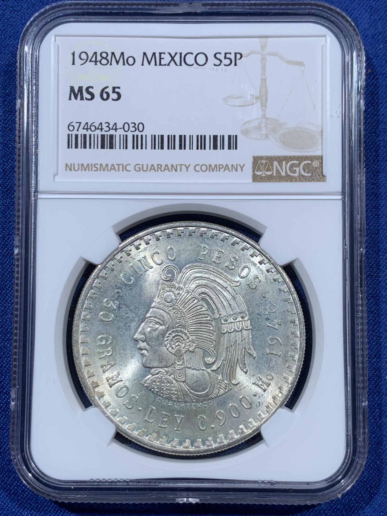 《竞宝斋》第409场 周日，周一，2场连拍 （全场包邮） NGC MS65 墨西哥1948年玛雅酋长5比索大银币 卷拆原光