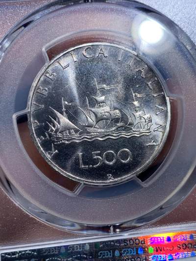 《竞宝斋》第409场 周日，周一，2场连拍 （全场包邮） PCGS MS67 意大利500里拉银币 1968文艺复兴风格少女 卷拆车轮光高分！带淡彩，PL状态！
