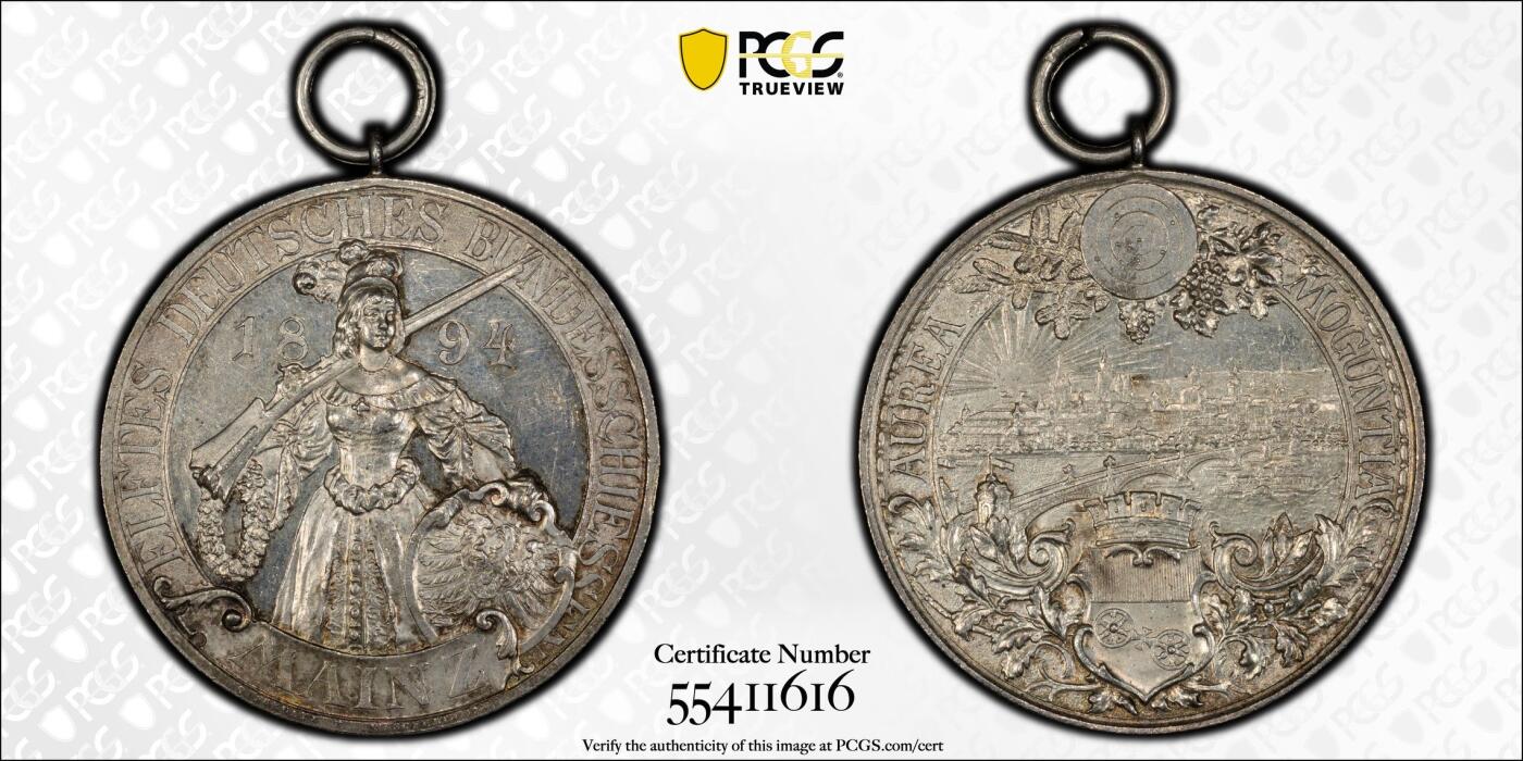 万国钱币拍卖第051期 PCGS SP63 1894年德国美因茨第十一届联邦射击节纪念大银章 经典景观题材德射 超赞银霜镜面少女与城市景观的完美结合 高点完美