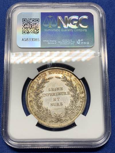 《竞宝斋》第409场 周日，周一，2场连拍 （全场包邮） NGC MS63 法国1818年塞纳火灾互助保险 银章，浴火凤凰圆形少见款