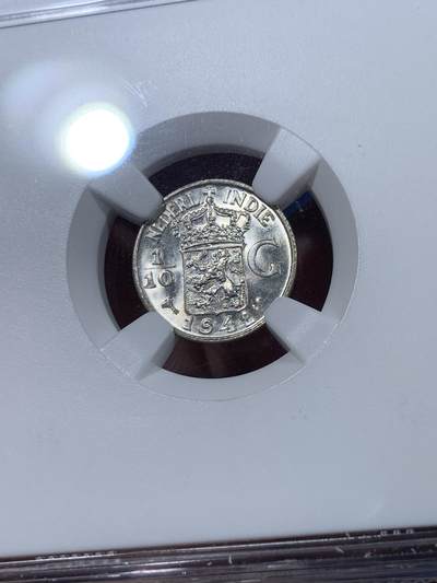 《竞宝斋》第409场 周日，周一，2场连拍 （全场包邮） NGC MS64 荷属东印度群岛（今印尼）1942年 1/10盾 银币 卷拆美品