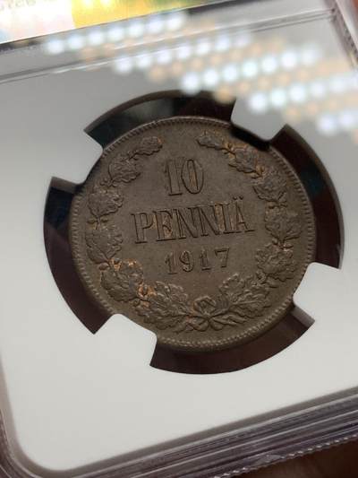 《竞宝斋》第409场 周日，周一，2场连拍 （全场包邮） NGC MS62BN 俄占芬兰1917年克伦斯基临时政府无皇冠双头鹰10盆尼铜币