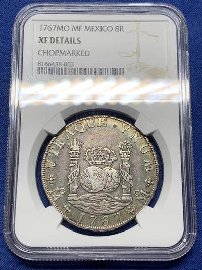 《竞宝斋》第409场 周日，周一，2场连拍 （全场包邮） - NGC XF 墨西哥 1767年MO MF 地球双柱大银币 老包浆细节佳状态好
