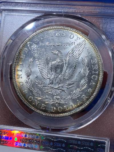 《竞宝斋》第409场 周日，周一，2场连拍 （全场包邮） PCGS MS62 美国1904-O 摩根银币 正反面环状五彩包浆