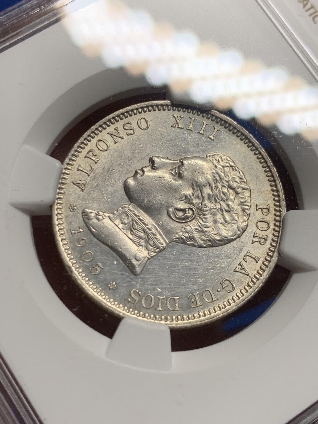 《竞宝斋》第409场 周日，周一，2场连拍 （全场包邮） NGC UNCD 西班牙1905阿方索十三世2比塞塔银币