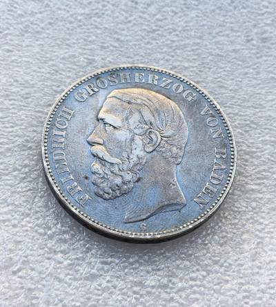 世界钱币专场拍卖 - 德国1876年巴登弗里德里希短翅5马克银币 27.8克90%银