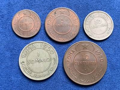 《竞宝斋》第409场 周日，周一，2场连拍 （全场包邮） 五枚一组 意托管索马里1950年 含2枚银币