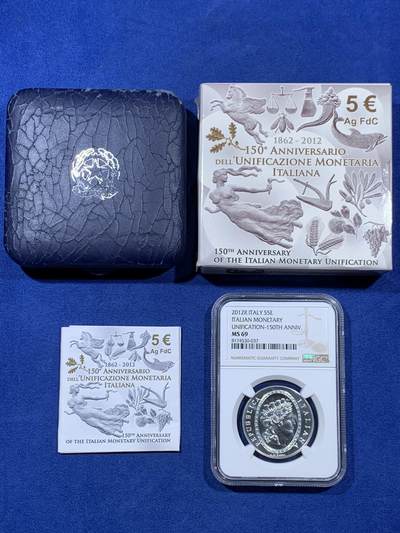 《竞宝斋》第409场 周日，周一，2场连拍 （全场包邮） NGC MS69 意大利2012年发行的里拉的诞生（货币统一150周年）5欧元纪念银币（盒证齐全，限量7千枚，18克925银，32MM）