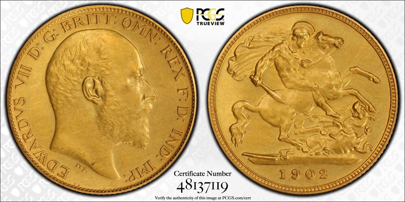 万国钱币拍卖第051期 PCGS PR62 1902年英国爱德华七世精制1/2索维林马剑金币 精制磨砂MATTE工艺 3.99g 917金