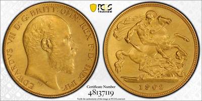 万国钱币拍卖第051期 - PCGS PR62 1902年英国爱德华七世精制1/2索维林马剑金币 精制磨砂MATTE工艺 3.99g 917金