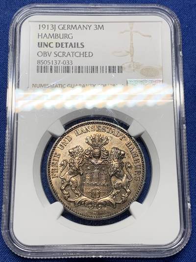 《竞宝斋》第409场 周日，周一，2场连拍 （全场包邮） - NGC UNC 1913 德国汉堡3马克银币