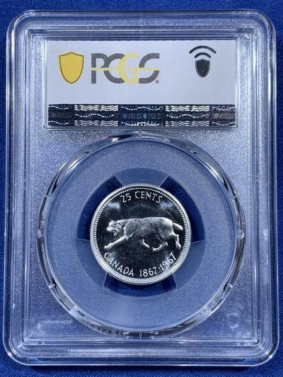 《竞宝斋》第409场 周日，周一，2场连拍 （全场包邮） PCGS PL66 高分 1967年加拿大建国百年纪念25分 非常漂亮的白币 币面光洁 浮雕感很强 豹子图案
