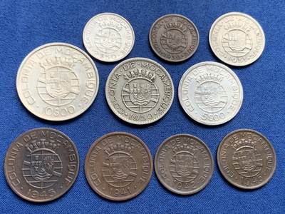 《竞宝斋》第409场 周日，周一，2场连拍 （全场包邮） 10枚一组 葡属莫桑比克1938-1951年 含3枚银币